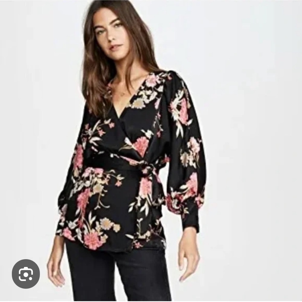 MISA Los Angeles wrap blouse with blousy sleeves. Floral. Small.